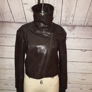 ALICE & OLIVIA EMBOSSED SOFT REAL LEATHER HI NECK BOMBER TYPE JACKET NWT